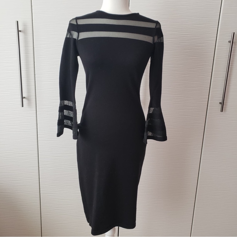 Eliza J Black Long Sleeve Dress with Sheer Stripes
